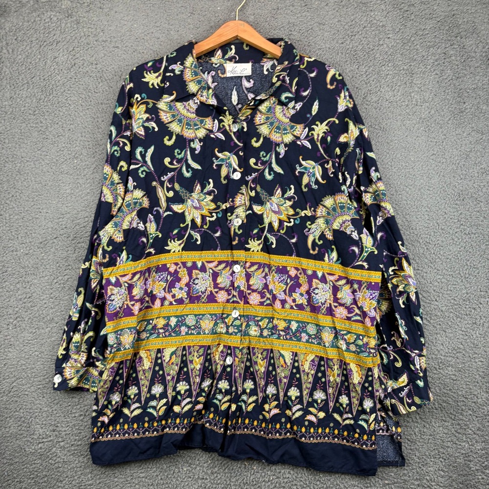 Kathie Lee Women Navy Blue Paisley Floral Button Down Long Sleeve Shirt Tunic